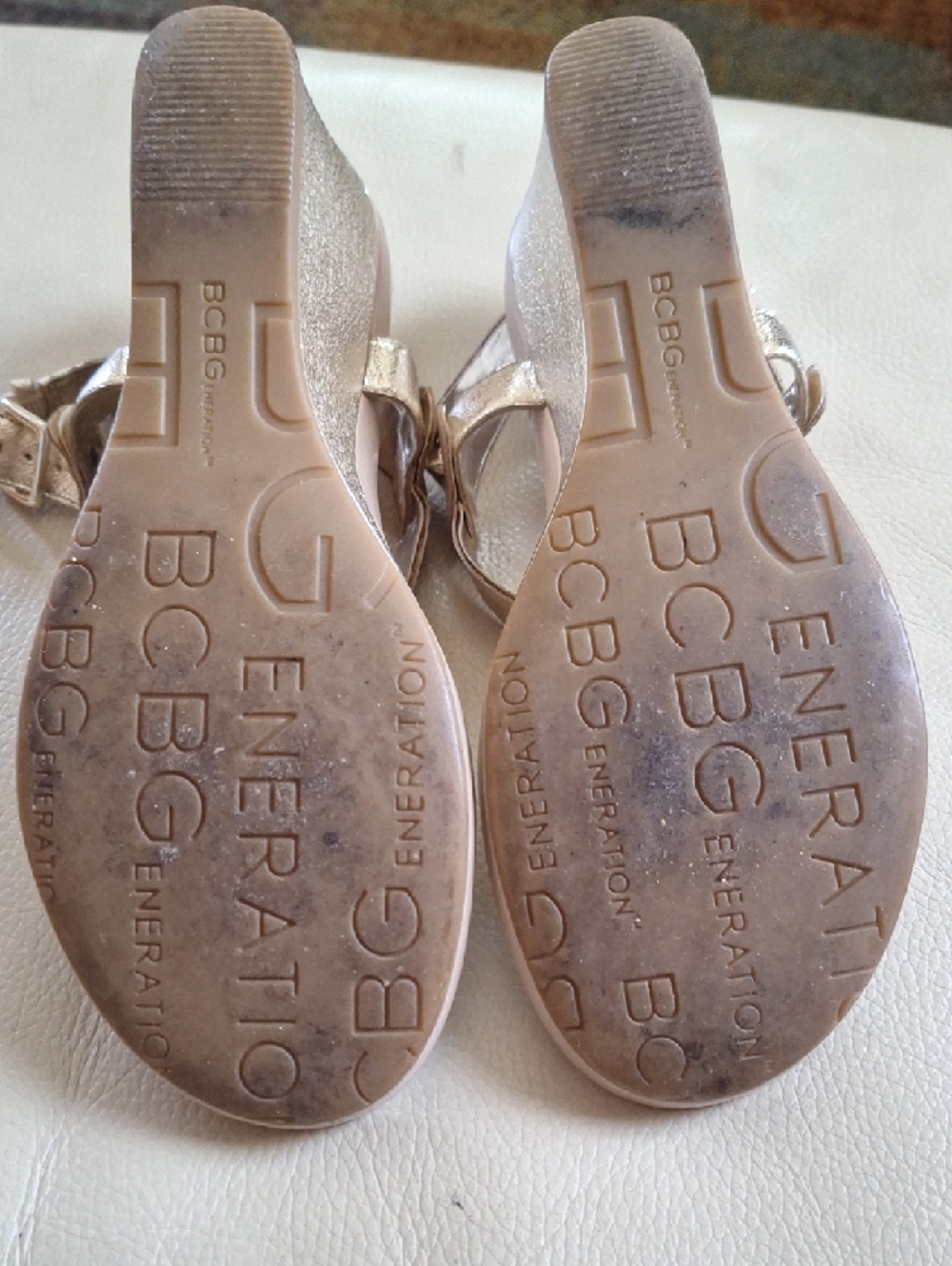 BCBGeneration Metallic Gold Wedge T-Strap Sandals - Picture 6 of 10